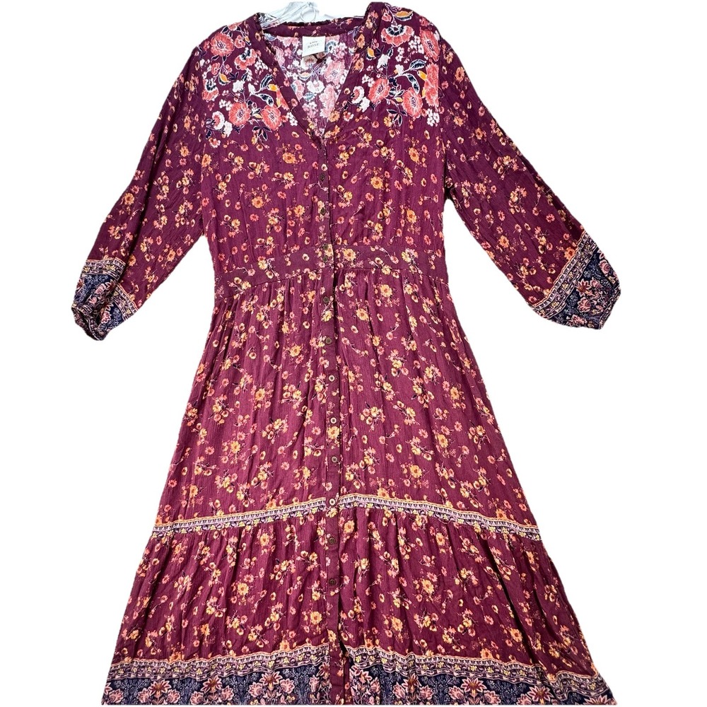 Knox Rose Womens Size Medium Boho Peasant Midi Dress Purple Prairie Rayon